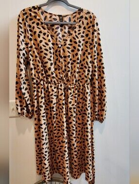 Black Leaf-Print Tan Button-Front Midi Dress